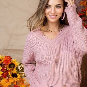 Distressed Raw Edge V Neck Sweater